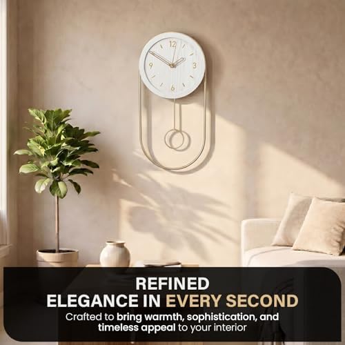 Clockswise 16-Inch Decorative Wall Clock Step Movement Mechanism Metal Frame Wooden Dial and Pendulum Design Battery-Operated Timepiece for Living Room Hallway or Office Décor, White