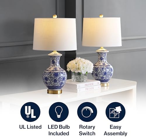 JONATHAN Y Jennifer Ceramic Ginger Jar Lamp 25.25", Blue/White, Set of 2