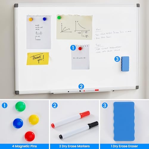 Simple Deluxe Magnetic Dry Erase Board 36" x 24" Whiteboard, 1 Dry Eraser & 2 Multicolor Markers & 4 Magnetic Pins, Silver Reinforced Aluminum Frame for Home, School, Office