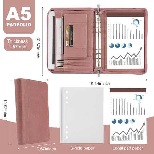 KISSKI Personalized Pink Portfolio for Women, Free Logo Custom, A5 Planner Binder 6 Ring Padfolio Organizer Folio, Engraved Gifts for Mom, Grandmam, Wife, Daughter, Handmade Customized Gifts