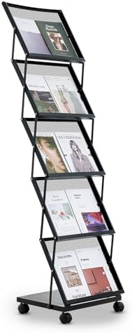 VEVOR Brochure Display Rack, Foldable 5 Pockets Magazine Literature Display Stand, Movable Floor Standing Magazine Rack with Wheels, Metal Newspaper Catalog Holders for Shop Exhibitions Office Show