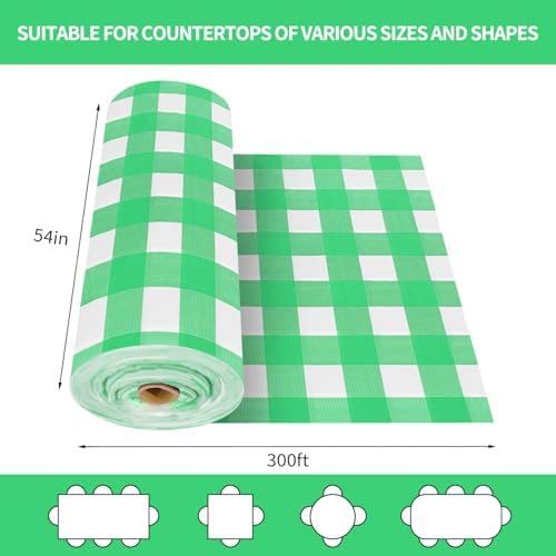 CXPSINC 54 Inch X 300 Feet Plastic Table Cover Roll Disposable Tablecloth with Slide Cutter for All Type/Shape Tables | Party, Banquet, Birthdays, Weddings(Green Checkered, 300 Feet)