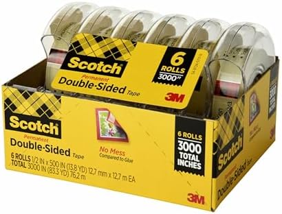 Scotch Double Sided Tape, 1/2 in x 500 in, 6 Dispensered Rolls (Pack of 16, 96 Count Total)