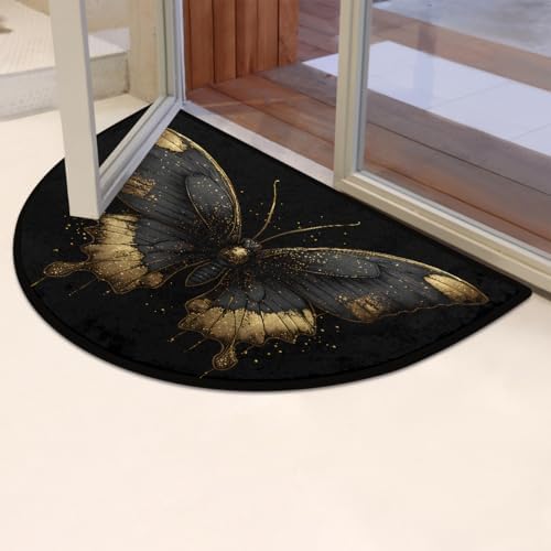 Black and Gold Butterfly Half Round Door Mat Non Slip Washable Semi Circle Area Rug Absorbent Soft Half Moon Rug Floor Mat for Indoor Outdoor Kitchen Bathroom Patio Front Door Mat Decor