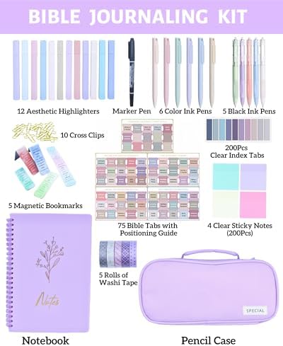 65 Pcs Bible Study Supplies-Bible Journaling Kit for Women,Aesthetic Bible Study Tools with Pencil Case Bible Highlighters Bible Tabs and Pens,Mothers Day Christian Gifts for Women (Purple)