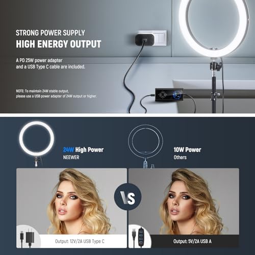 NEEWER 12" 24W Power LED Ring Light with Tripod Stand, Bi Color 2900-7000K, USB C PD Input, CRI97+ 1810lux/0.5m Compatible with iPhone Makeup Studio Streaming Selfie Video Recording, RH12B