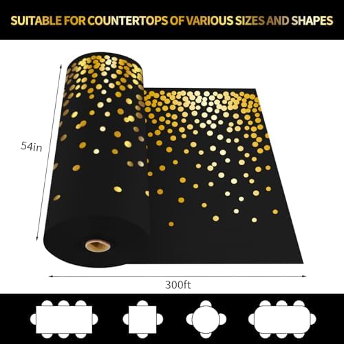CXPSINC 54 Inch X 300 Feet Plastic Table Cover Roll Disposable Tablecloth with Slide Cutter for All Type/Shape Tables | Party, Banquet, Birthdays, Weddings(Black & Gold Dot, 300 Feet)