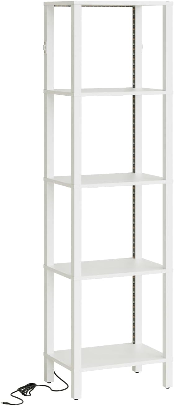 Open Book Shelf with LED Lights, 5 Tier Tall Bookshelf, Freestanding Shelf Narrow Bookcase with Open Shelves, 14.96" x 10.63" x 53.54", Book Shelves for Living Room, Office, Study, White