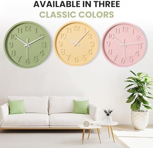 Clockswise 12-Inch Modern Minimalist Round Plastic Wall Clock Green Dial with Bold Arabic Numerals Analog Display Step Movement Easy-to-Read Timepiece for Living Room Kitchen Office Bedroom Wall Decor