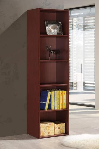 Pemberly Row 5-Shelf Wooden Bookcase, Mahogany Finish, Slim Multipurpose Storage Organizer, 59.06 in. H x 15.91 in. W x 11.77 in. D, Contemporary Design for Home Office, Bedroom, or Living Room Use