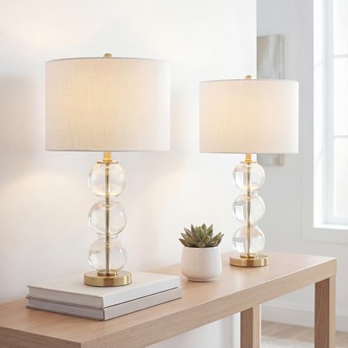 JONATHAN Y Bella 27" Glass Table Lamp, Clear/Brass, Set of 2