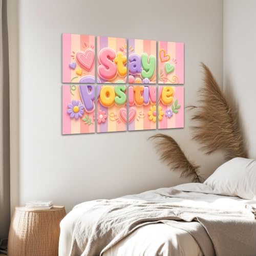 8 Pack Art Acoustic Panels Sound Absorbing Stay Positive Pastel Typography Hearts Flowers Striped Decorative Soundproof Wall Panels Self Adhesive for Home Recording Studios 48"x32"