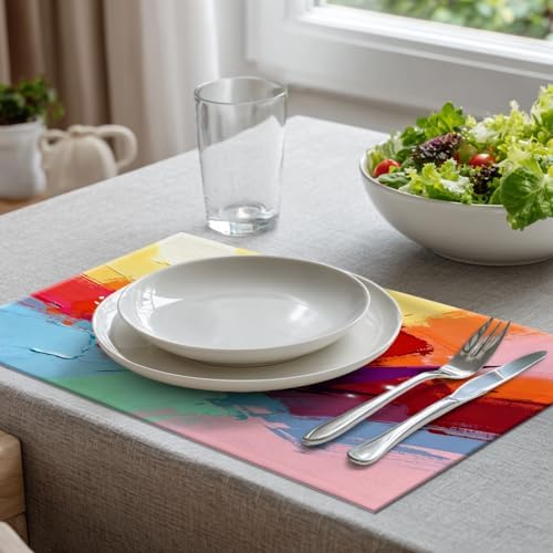 Batmerry Yellow Abstract Oil Painting Linen Placemats Set of 8, Red Contemporary Floral Washable Table Mats for Kitchen Table Thickened Heat Insulation Dining Set Indoor Outdoor 12X18 in