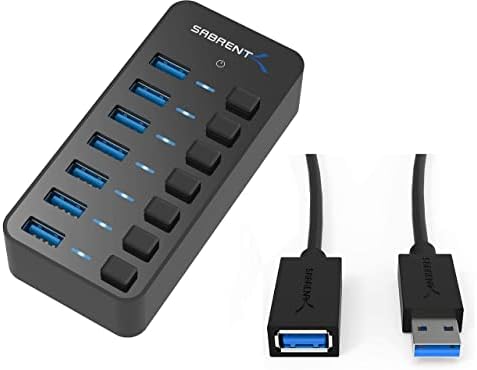 36W 7 Port USB 3.0 Hub with Individual Power Switches and LEDs Includes 36W 12V/3A Power Adapter+USB 3.0 Extension Cable A Male to A Female [Black] 3 Feet