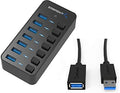 36W 7 Port USB 3.0 Hub with Individual Power Switches and LEDs Includes 36W 12V/3A Power Adapter+USB 3.0 Extension Cable A Male to A Female [Black] 3 Feet