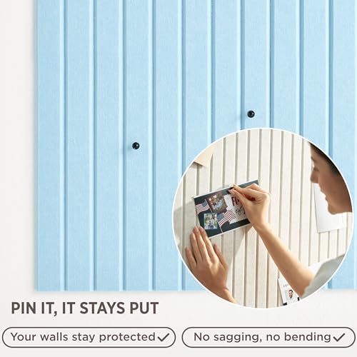 VIVELDA Felt Bulletin Board Tiles 48"x36" - 12-Pack Cork Board Alternative, OEKO-TEX Certified, NRC 0.95 Acoustic Wall Panels, Damage-Free Adhesive, Slatted Design, Home Office & Classroom (Baby Blue)