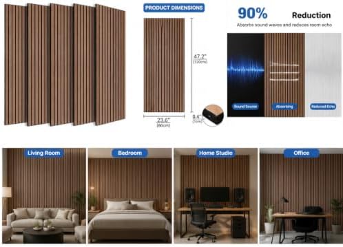 5 Pack Large Wood SlatWall Acoustic Panels for Wall 47.2 x 23.6 x 0.4 Inch Soundproof Absorbing Decor Panel Wood Veneer Panels for Living Room Bedroom Home Studio Office Decor(Wooden Stripes, 5 Pack)