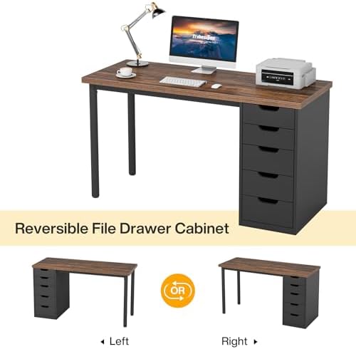 Tribesigns Computer Desk with 5 Drawers, 47 inches Rustic Brown Home Office Desk with Storage, Modern Simple Laptop Desk Study Writing Table for Small Spaces (1, Brown+Black)