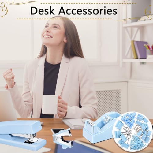 Office Supplies,Blue Desk Accessories,Stapler and Tape Dispenser Set with Stapler,Tape Dispenser,Staple Remover,Staples,Clips,Scissors and Tabs,Gift for Student,Teacher,Coworkers,Business,Gift 9pcs