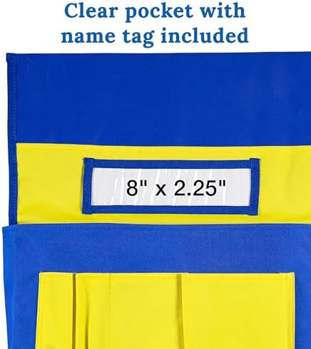 Carson Dellosa 15" x 19" Canvas Blue and Yellow Chairback Buddy Pocket Chart, Seat Storage for Classroom K-2, Classroom Chair Seat Storage with Pockets with 6 Chair Pockets and Student Name Tag | Durable 15x19" Chairback Buddy for Classroom Supplies, D...