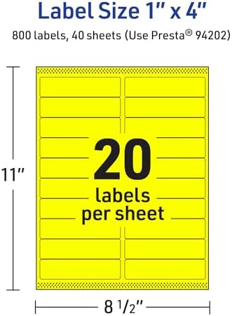 Avery® Printable Rectangle Labels, Sure Feed® Technology, 1" x 4", Neon Yellow Labels, Laser/Inkjet Printable, 800 Total, Great for Mailing and Cosmetics
