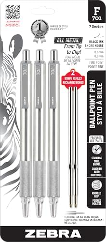 Zebra Pen STEEL F-701 Retractable Ballpoint Pen, Black Ink, 0.8mm, 3-Pack