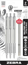 Zebra Pen STEEL F-701 Retractable Ballpoint Pen, Black Ink, 0.8mm, 3-Pack