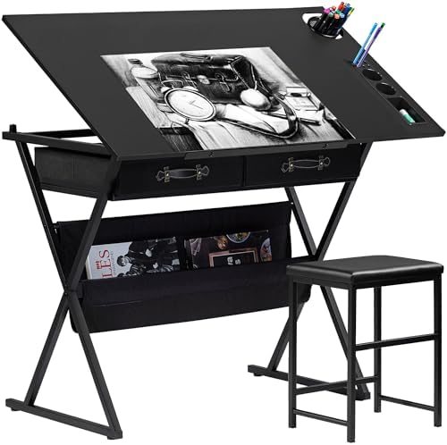 VECELO Drafting Table Art Desk Art Table Adjustable Drawing Table Tilted Tabletop with 2 Storage Drawers and Stool, Drawing Desk for Artist Painters Drawing, Crafting, Reading, Writing, Black