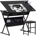 VECELO Drafting Table Art Desk Art Table Adjustable Drawing Table Tilted Tabletop with 2 Storage Drawers and Stool, Drawing Desk for Artist Painters Drawing, Crafting, Reading, Writing, Black