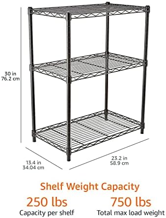 Amazon Basics 3-Shelf Adjustable Heavy Duty Steel Wire Rack Storage Shelving Organizer with Storage Space, Versatility and Ease of Use for Kitchen, Garage, 23.2" L x 13.4" W x 30" H, Black