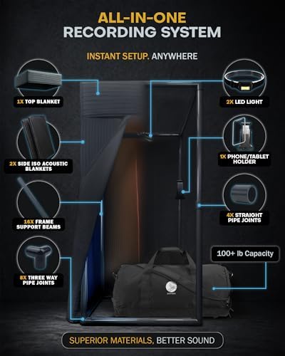 Portable Vocal Booth for Recording, Portable Recording Booth for Home Studio, Acoustic Treatment to Reduce Echo, Sound Isolation Booth, 5-Min Assembly w/Travel Bag, Lights, Phone Holder (2026 Update)