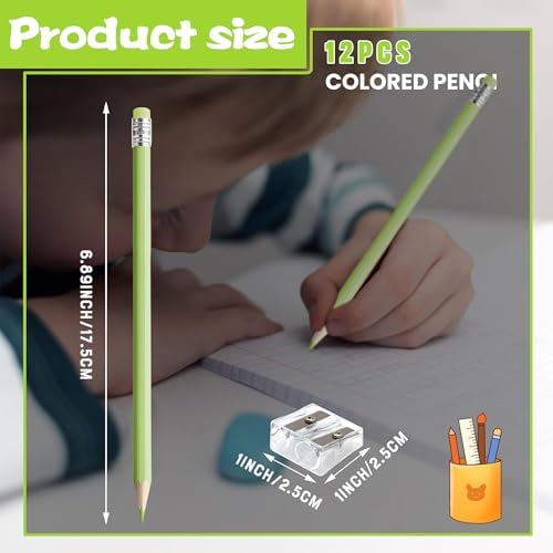12 PCS Macaron Green Colored Pencils with Eraser Pre Sharpened Pencil 2 HB - Ideal for Checking, Grading, Tests & Office/School Supplies
