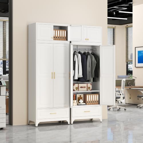 SteeLoong 86”H Metal Wardrobe Cabinet,Armoire Wardrobe Closet with Drawer