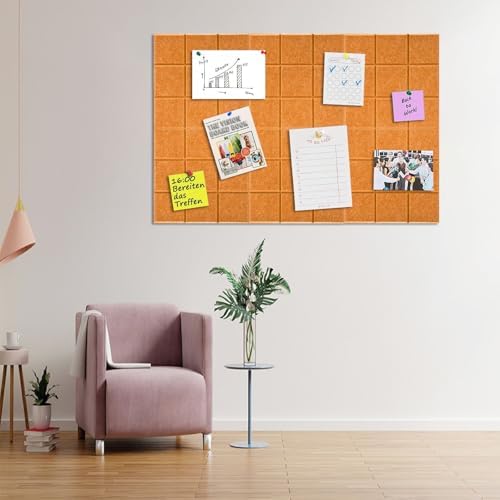 6 Packs Cork Board Felt Board Tiles, Bulletin Board 12"X12" with 30 Push Pins, Felt Board for Home Kitchen Office Decor, Self-Adhesive Corkboard Tiles for Walls School Message Display Board-Orange-2