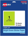 Avery® Printable Sticker Paper, 8-1/2" x 11", Full-Sheet Labels, Bright Green Labels, Laser/Inkjet Printable, 10 Total, Great for Packaging and Stickers