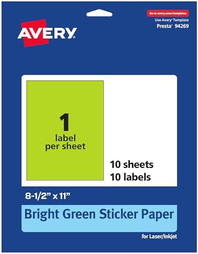 Avery® Printable Sticker Paper, 8-1/2" x 11", Full-Sheet Labels, Bright Green Labels, Laser/Inkjet Printable, 10 Total, Great for Packaging and Stickers