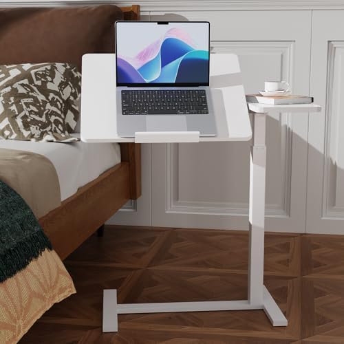 Simple Deluxe Overbed Bedside Table with Hidden Casters, Height Adjustable Desk with Tilting Top, Mobile Rolling Laptop Desk, Standing Rolling Desk Hospital Home Use, White