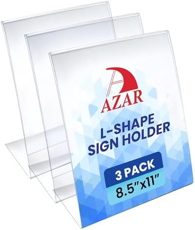 Azar Displays 112430-3PK Side Load Sign Holder 8.5x11 – Clear Flexible Plastic Display Stand, Slanted Acrylic Tabletop Frame for Menus, Signs– Pack of 3