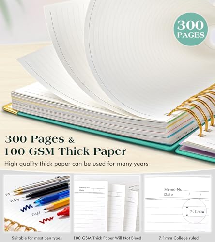 Spiral Notebook Journal with Removable Dividers Tabs, 300 Pages Hardcover Leather 5 Subject College Ruled Notebook, 8"x10" Large B5 Lined Journal for Women Men, Spiral Notebooks for Work School, Teal