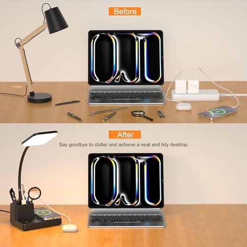 Wireless Charging Desk Lamp USB Charging & Pen Holder, Matte Black