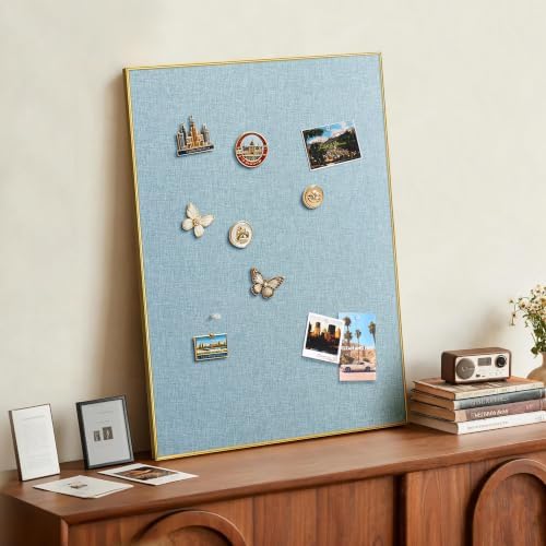 SELEAD Linen Bulletin Board 30” x 20” - Golden Aluminum Frame, Teal Fabric