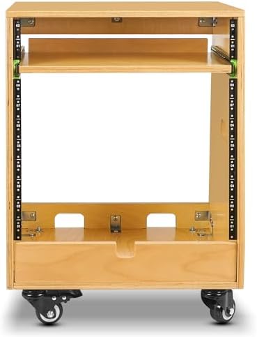 Sound Town DIY Slanted 10U Studio Rack (2U Top + 8U Lower), with 2U Bottom Storage, Slide-Out Tray, Caster, Plywood, Golden Oak For Recording Room, Home Studio (SDRK-ST10T)