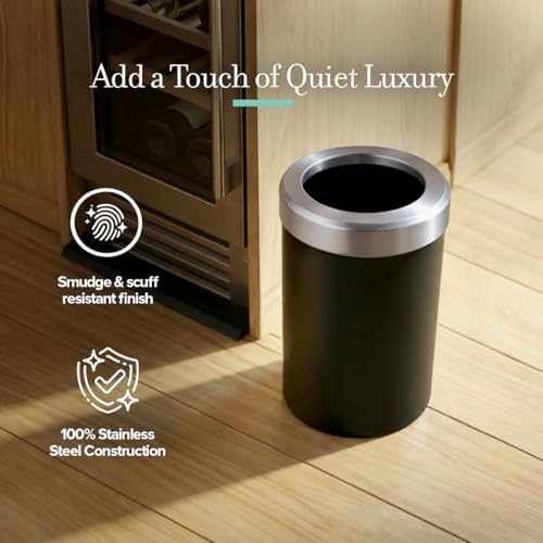 Gatco Small Bathroom Trash Can with Lid, Round 3 Gallon Stainless Steel Wastebasket, Under Sink, Matte Black and Satin Nickel, for Bathroom, Bedroom, Office (1912SN)