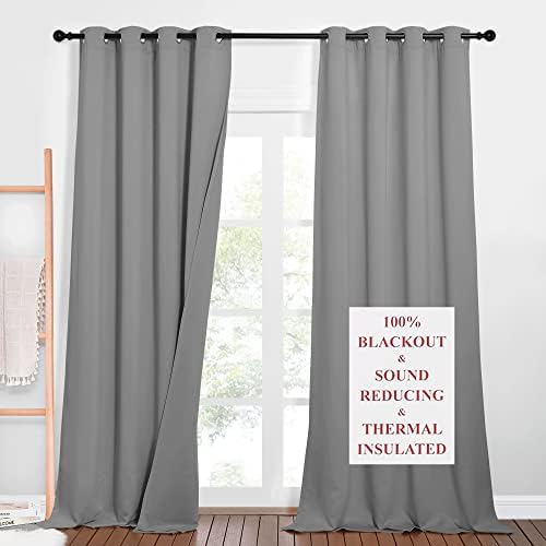 NICETOWN Outdoor Noise Blocking Blackout Curtains, Full Privacy Wall Divider, Heavy-Duty Blinds for Office Windows, Inside Detachable Felt Liner Curtains for Daytime Sleep (Silver Grey, 108" Length)