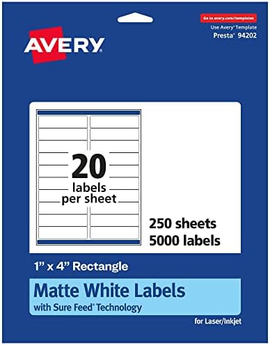 Avery® Matte White Rectangle Labels, Sure Feed® Technology, 1" x 4", 5,000 Matte White Printable Labels