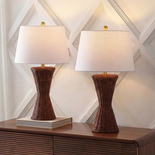 JONATHAN Y Laura Table Lamp 27" Rattan Hourglass, Dark Brown, Set of 2