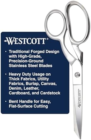 Westcott 8-Inch Forged Heavy Duty Bent Fabric Scissors, Precision-Ground Knife-Edge Blades for Seamless Cutting, Perfect for Sewing, Crafts, and Office