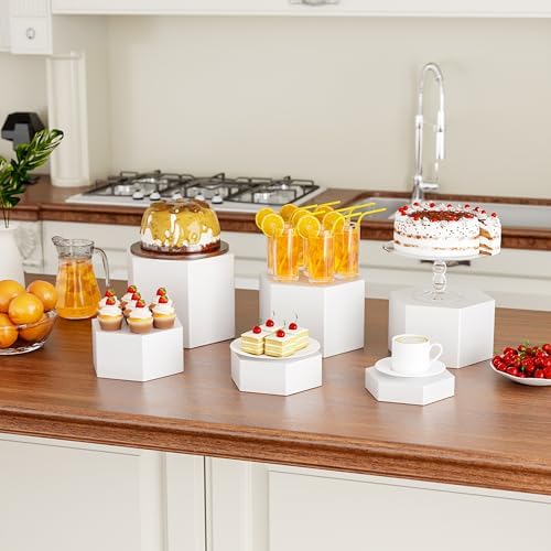 Metal Buffet Risers,6PCS Hexagonal Jewelry Display Risers 2.76 in to 4.02 in Market Display Stands Metal Showcase for Catering Dessert Figures Decoration (Grayish White, 2.76IN to 4.02IN)