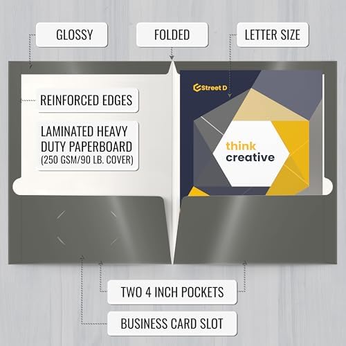 Better Office Products 2 Pocket Glossy Laminated Gray Paper Folders, Box of 25, Letter Size, Gray Paper Portfolios, 25 Pack