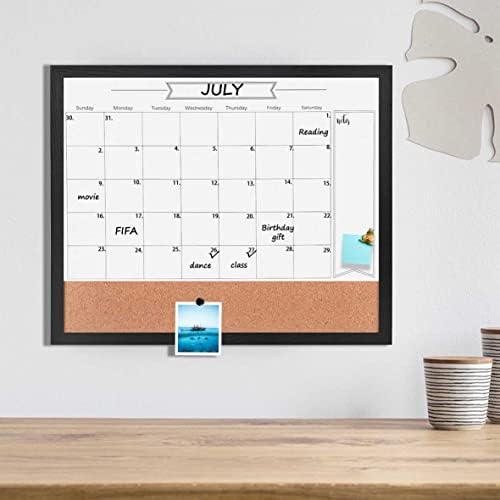 Dry Erase Calendar Whiteboard for Wall, Combination Magnetic Dry Erase White Board & Bulletin Board, 23.6" x 31.5" Wood Framed Calendar/Cork Combo Board(BK-6080)